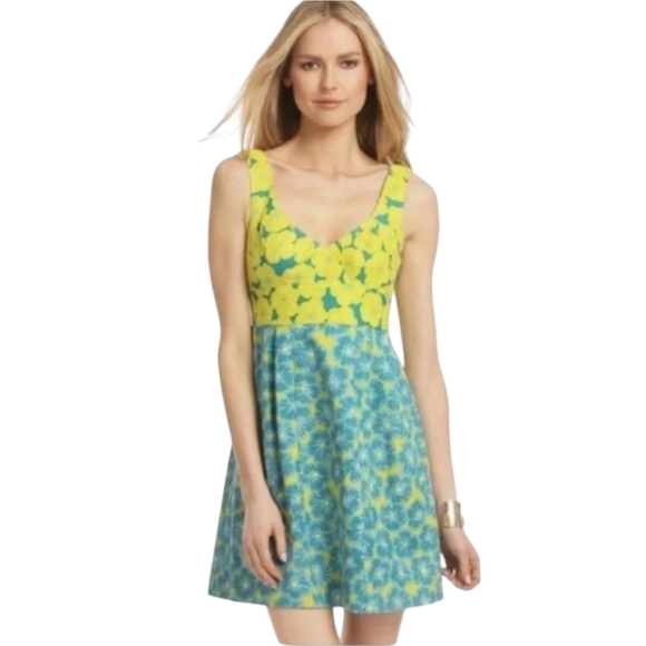 Floral Print Yellow/Blue Cut Out Back Babydoll Party Mini Dress Sz 6 - Picture 3 of 12